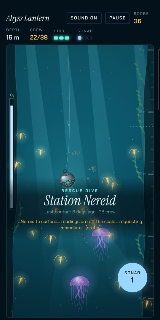 The bathysphere begins its dive in the sunlit shallows, surrounded by glowing copepods and jellyfish